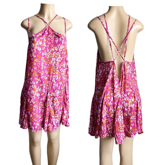 Anthropologie Pink Magenta Mini Floral Tank Dress Sundress Cocktail Halter Light - Picture 3 of 8